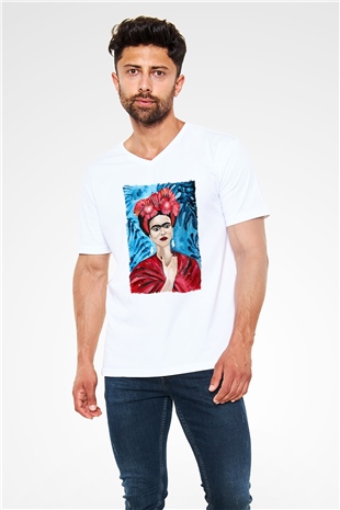 Frida Kahlo Beyaz Unisex V Yaka Tişört