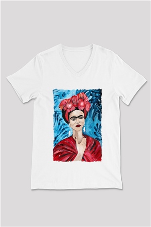 Frida Kahlo Beyaz Unisex V Yaka Tişört