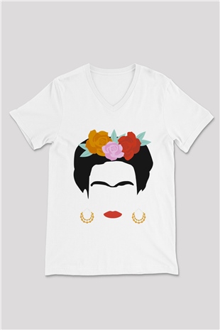 Frida Kahlo Beyaz Unisex V Yaka Tişört T-Shirt