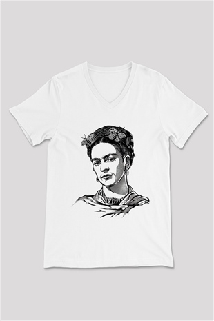 Frida Kahlo Beyaz Unisex V Yaka Tişört