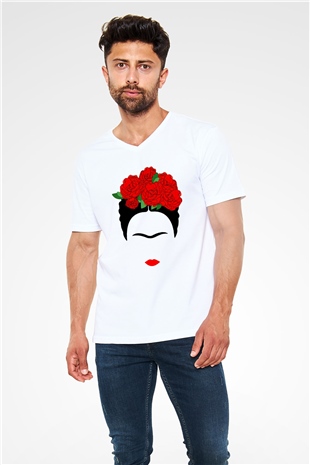 Frida Kahlo Beyaz Unisex V Yaka Tişört T-Shirt