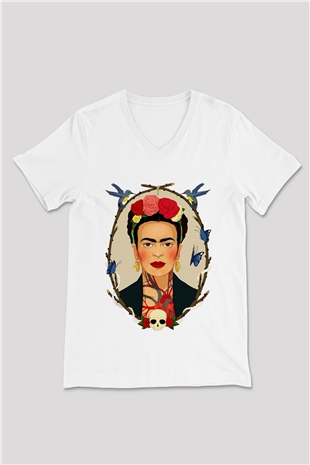 Frida Kahlo Beyaz Unisex V Yaka Tişört T-Shirt