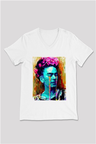 Frida Kahlo Beyaz Unisex V Yaka Tişört T-Shirt