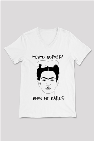 Frida Kahlo Beyaz Unisex V Yaka Tişört T-Shirt