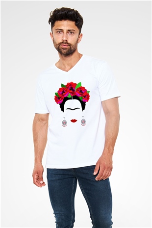 Frida Kahlo Beyaz Unisex V Yaka Tişört T-Shirt