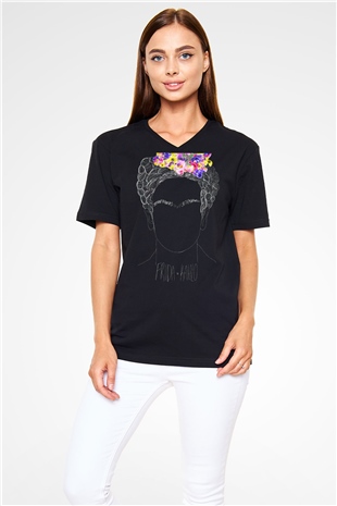 Frida Kahlo Siyah Unisex V Yaka Tişört T-Shirt