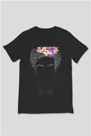 Frida Kahlo Siyah Unisex V Yaka Tişört T-Shirt