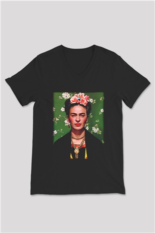 Frida Kahlo Siyah Unisex V Yaka Tişört T-Shirt