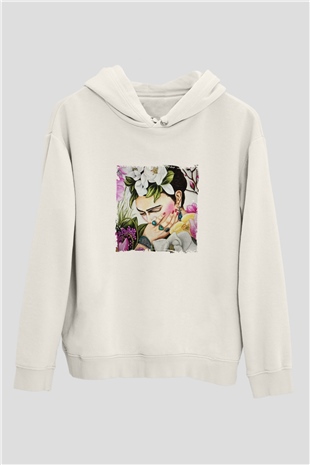 Frida Kahlo Unisex Baskılı Beyaz Kapüşonlu Sweatshirt