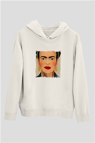 Frida Kahlo Unisex Baskılı Beyaz Kapüşonlu Sweatshirt