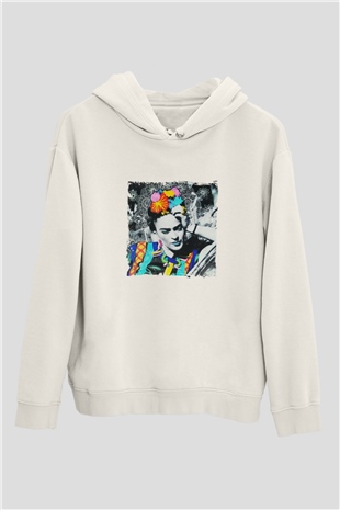 Frida Kahlo Unisex Baskılı Beyaz Kapüşonlu Sweatshirt