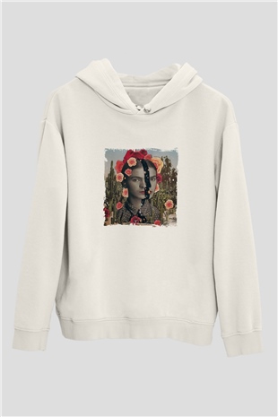 Frida Kahlo Unisex Baskılı Beyaz Kapüşonlu Sweatshirt