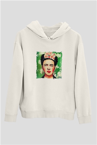 Frida Kahlo Unisex Baskılı Beyaz Kapüşonlu Sweatshirt