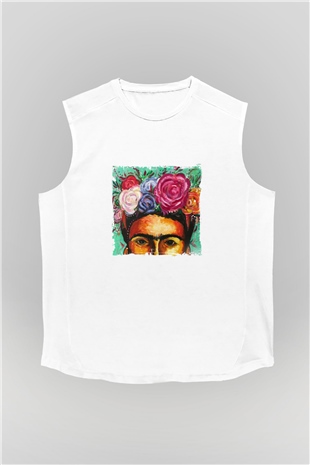 Frida Kahlo Unisex Baskılı Beyaz Kolsuz Tişört