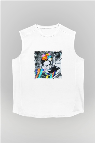 Frida Kahlo Unisex Baskılı Beyaz Kolsuz Tişört