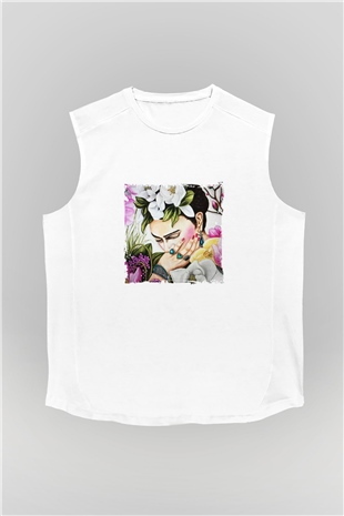 Frida Kahlo Unisex Baskılı Beyaz Kolsuz Tişört