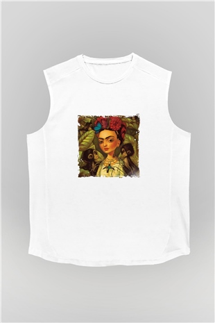 Frida Kahlo Unisex Baskılı Beyaz Kolsuz Tişört