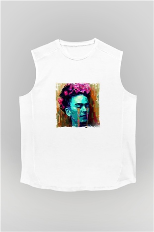 Frida Kahlo Unisex Baskılı Beyaz Kolsuz Tişört
