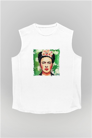 Frida Kahlo Unisex Baskılı Beyaz Kolsuz Tişört