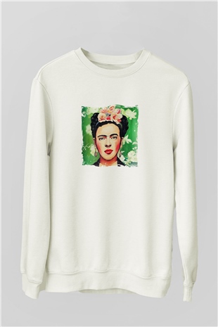 Frida Kahlo Unisex Baskılı Beyaz Sweatshirt
