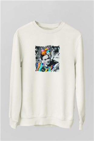 Frida Kahlo Unisex Baskılı Beyaz Sweatshirt