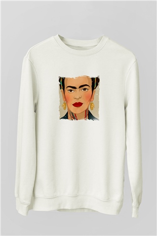 Frida Kahlo Unisex Baskılı Beyaz Sweatshirt