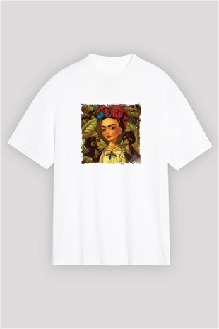 Frida Kahlo Oversize Baskılı Beyaz Tişört