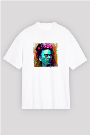 Frida Kahlo Oversize Baskılı Beyaz Tişört