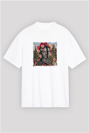 Frida Kahlo Oversize Baskılı Beyaz Tişört