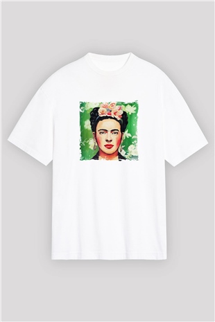 Frida Kahlo Oversize Baskılı Beyaz Tişört