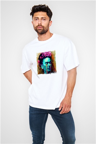 Frida Kahlo Oversize Baskılı Beyaz Tişört
