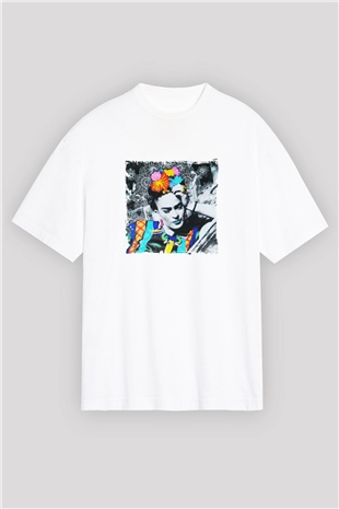 Frida Kahlo Oversize Baskılı Beyaz Tişört