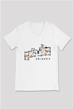 Friends Beyaz Unisex V Yaka Tişört