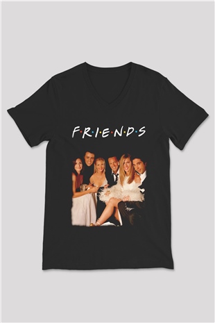 Friends Siyah Unisex  V Yaka Tişört