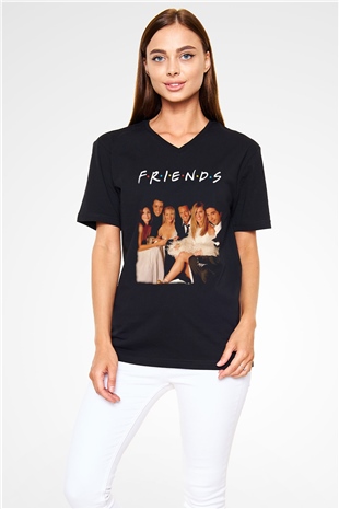 Friends Siyah Unisex  V Yaka Tişört