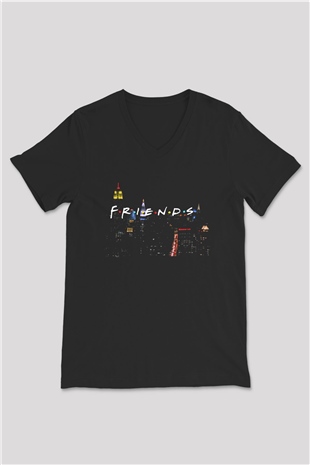 Friends Siyah Unisex V Yaka Tişört