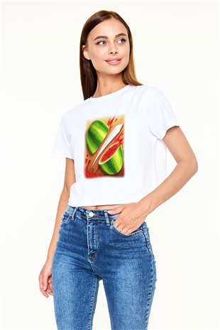 Fruit Ninja Beyaz Croptop Tişört