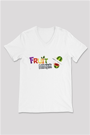 Fruit Ninja Beyaz Unisex V Yaka Tişört