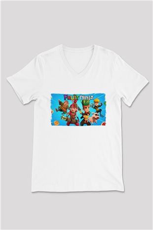 Fruit Ninja Beyaz Unisex V Yaka Tişört