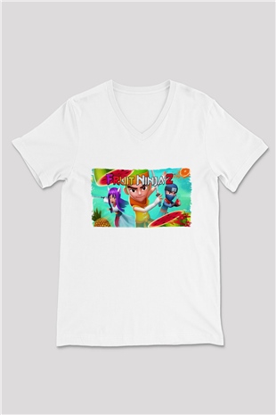 Fruit Ninja Beyaz Unisex V Yaka Tişört