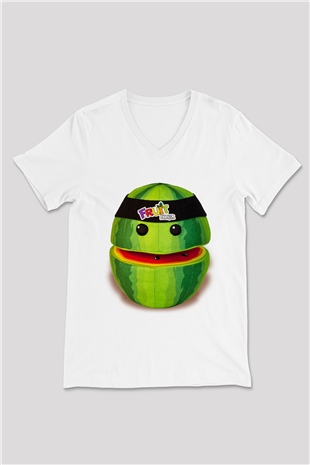 Fruit Ninja Beyaz Unisex V Yaka Tişört T-Shirt