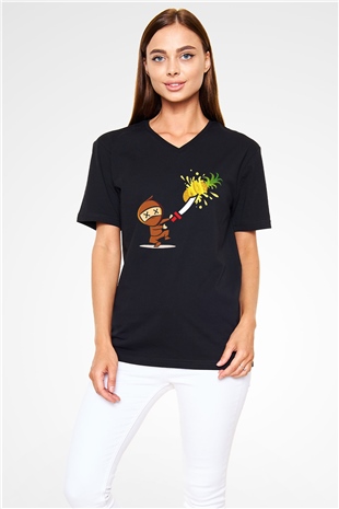 Fruit Ninja Siyah Unisex V Yaka Tişört