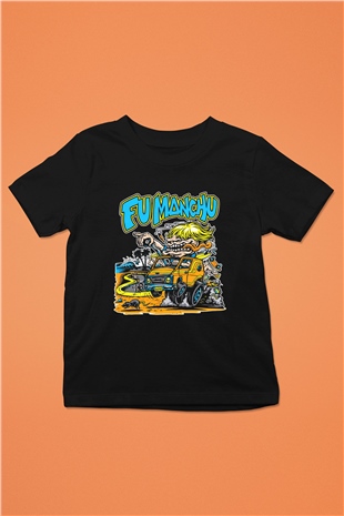 Fu Manchu Baskılı Siyah Unisex Çocuk Tişört