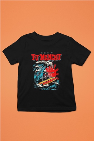 Fu Manchu Baskılı Siyah Unisex Çocuk Tişört