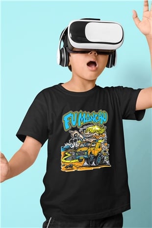 Fu Manchu Baskılı Siyah Unisex Çocuk Tişört