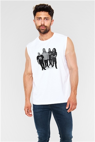 Fu Manchu Baskılı Unisex Beyaz Kolsuz Tişört