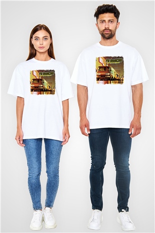 Fu Manchu Baskılı Unisex Beyaz Oversize Tişört
