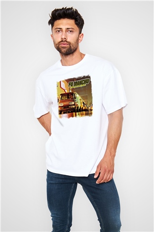 Fu Manchu Baskılı Unisex Beyaz Oversize Tişört
