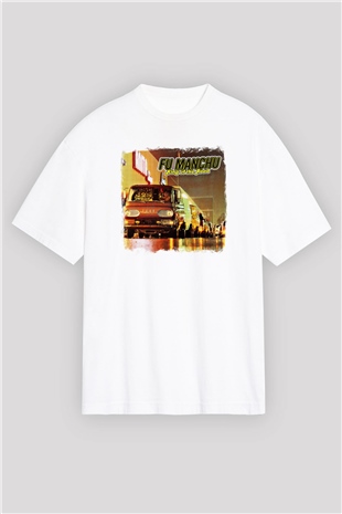 Fu Manchu Baskılı Unisex Beyaz Oversize Tişört