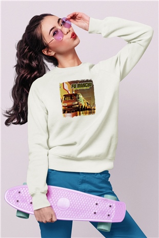 Fu Manchu Baskılı Unisex Beyaz Sweatshirt